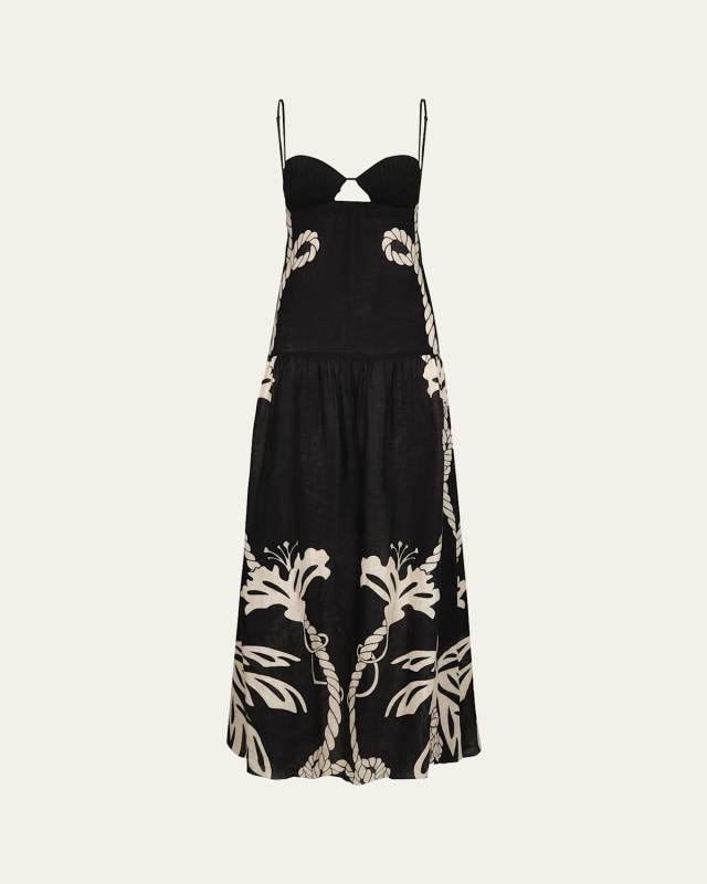Enlightened Sailor Printed Sweetheart Linen Maxi Dress